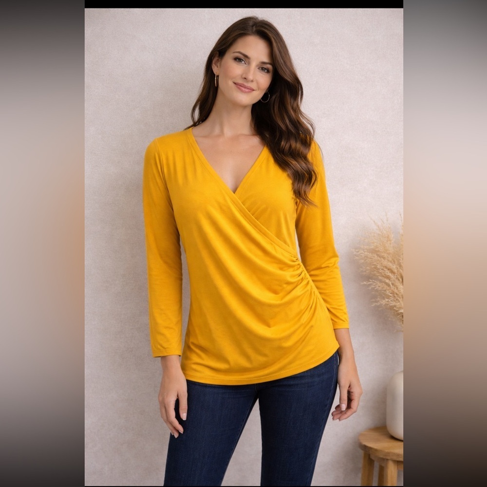 Talbots Mustard Yellow Faux Wrap Ruched Long Sleeve Top - Petite Medium NWT